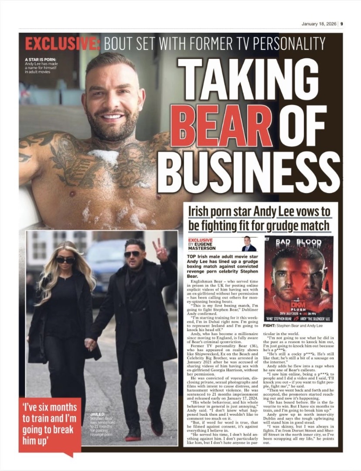 Sunday World front-page story: Irish porn star Andy Lee vows to be fighting fit for grudge match against Stephen Bear