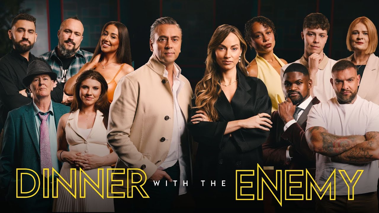 Andy Lee with the cast of Dinner With The Enemy on Virgin Media Television